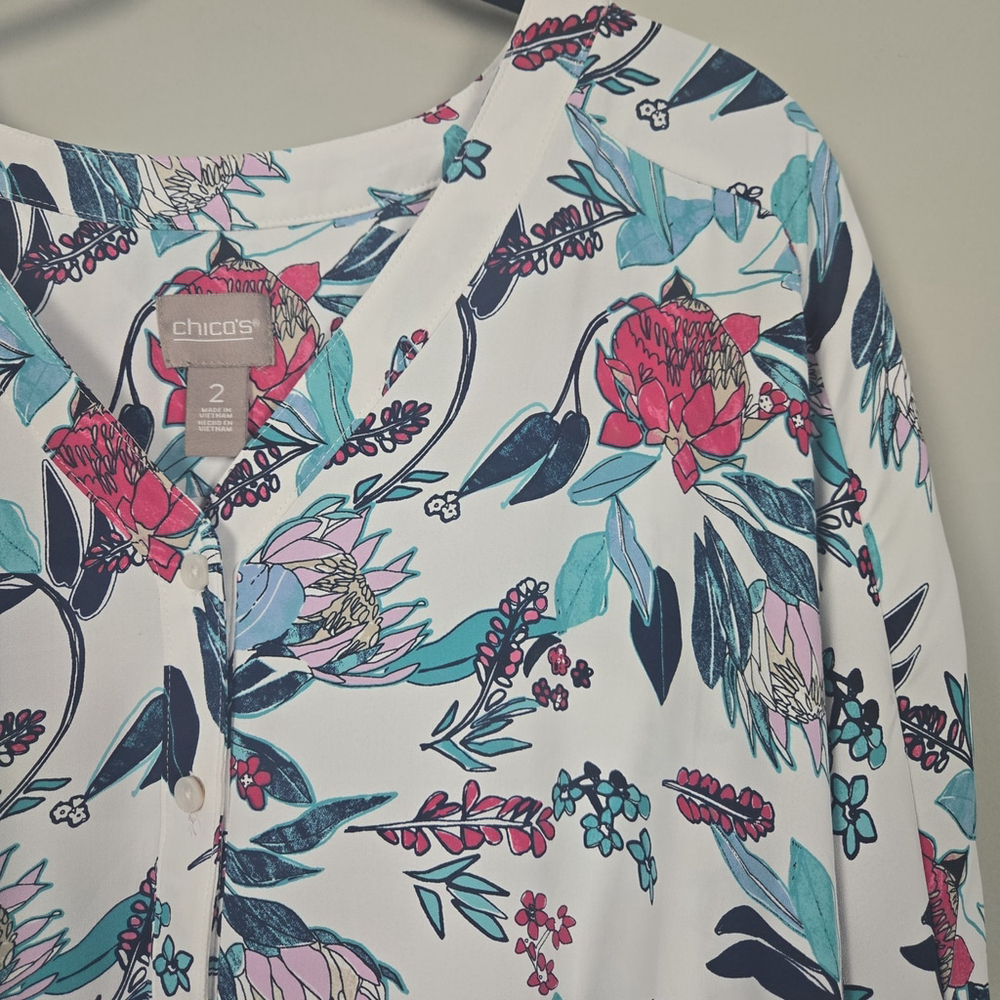 Chicos Womens Floral Button Up Top Size L White Bloomcore Office Modest Career - Picture 3 of 7